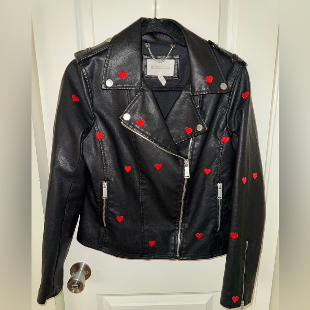 BCBGeneration Black Leather Jacket with Red Heart Accents